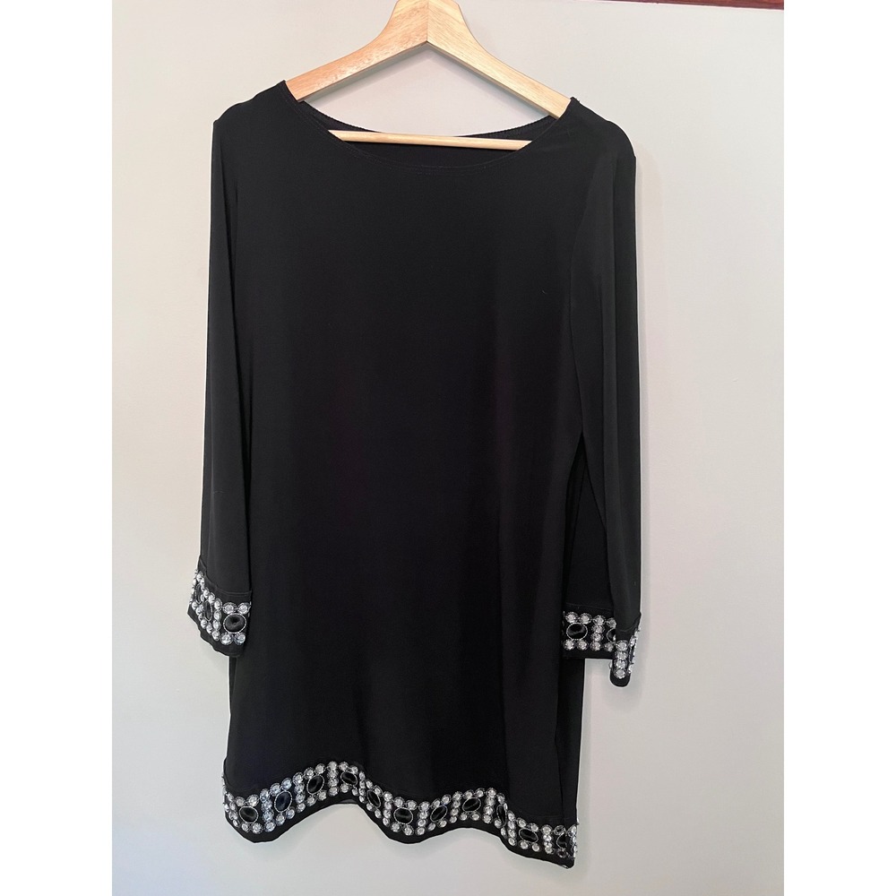 Black Rhinestone Embellished Long Sleeve Mini Shift Dress Go-Go Style Medium - Picture 1 of 6